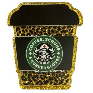 Badge Reel Coffee Scrubs & Rubber Gloves Gold Glitter Resin Name Tag Holder Clip